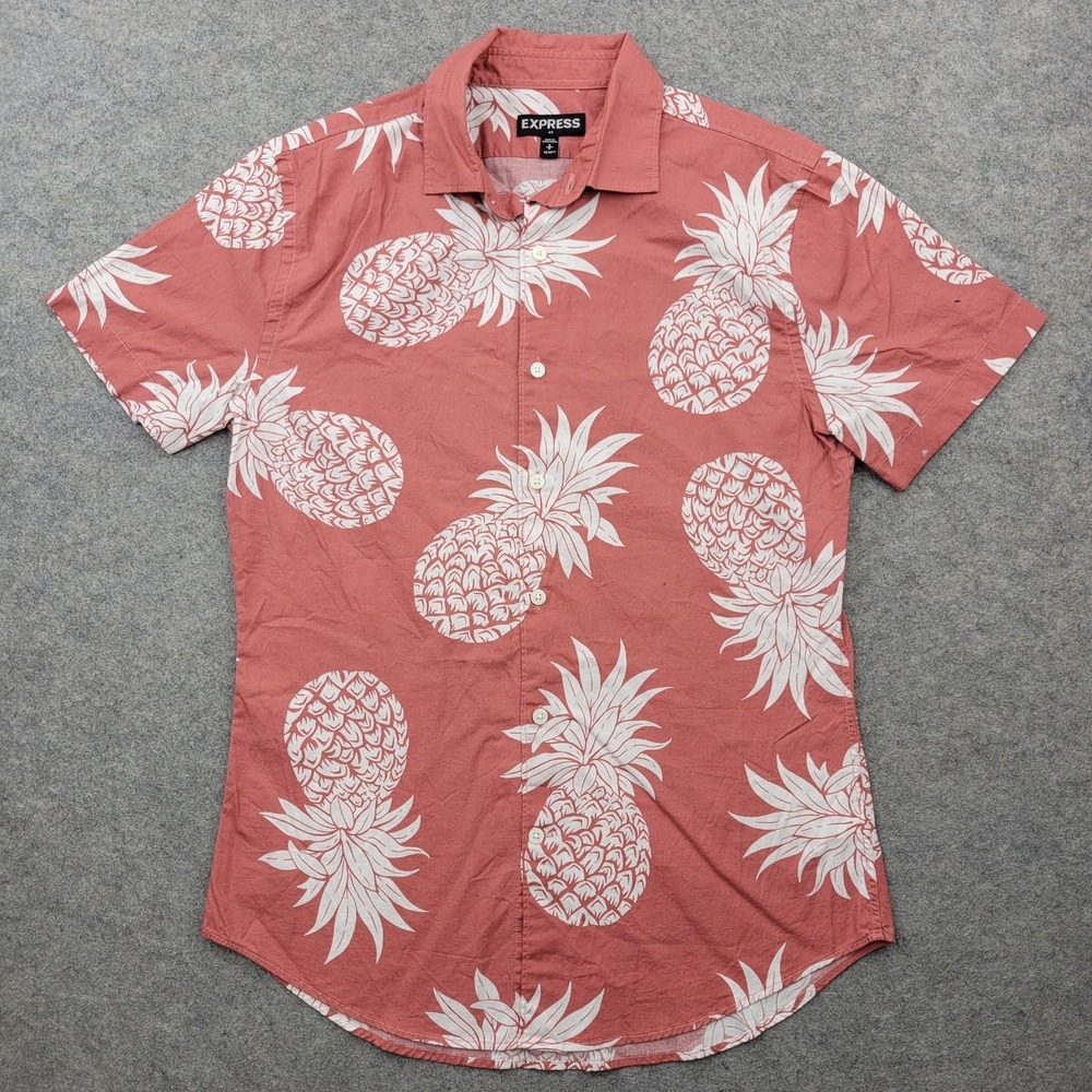 Express Shirt Mens Small Pink Pineapple Hawaiian Button Front Cruise Upside Down